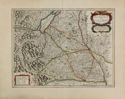 Antike Landkarten, Blaeu, Deutschland, Baden-Württemberg, Schwaben, 1634: Alemannia sive Suevia Superior A. Christophoro Hurtero.