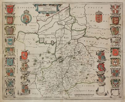 Antike Landkarten, Blaeu, Britische Inseln, England, Cambridgeshire, Cambridge: Cantabrigiensis Comitatus, Cambridge Shire.