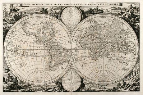 Antike Landkarten, Visscher, Weltkarte, 1663: Orbis Terrarum Tabula Recens Emendata et in Lucem Edita per N. Visscher