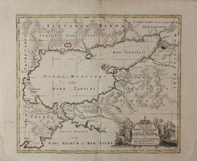 Antike Landkarten, Seutter, Ukraine, Asowsches Meer, 1730: Nova Mappa Geographica Maris Assoviensis vel de Zabache, et Paludis Maeotidis ...