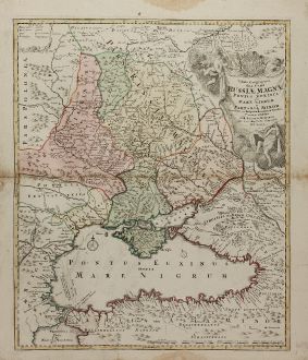 Antike Landkarten, Homann, Ukraine, Schwarzes Meer, 1720: Tabula Geographica qua pars Russiae Magnae Pontus Euxinus seu Mare Nigrum et Tartaria Minor ...