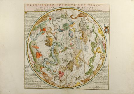 Antike Landkarten, de Fer, Himmelskarten, 1705: Planisphere Celeste Meridionale (and) Planisphere Celeste Septentrional