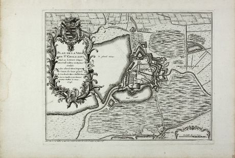 Antike Landkarten, Bailleul le Jeune, Belgien, Hennegau, Saint-Ghislain, 1745: Plan de la ville de St. Ghillain situee sur la riviere d'Hayne entre Conde et Mons en Haynaut : dediee a son altesse...