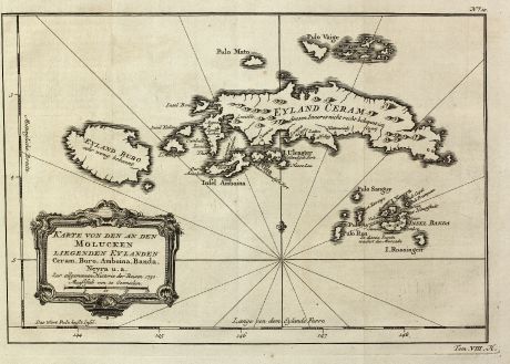 Antike Landkarten, Bellin, Südost Asien, Indonesien, Molukken, 1760: Karte von den an den Molucken liegenden Eylanden Ceram, Buro, Amboina, Banda, Neyra u. a.