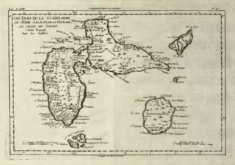 Antique Maps, Bonne, Central America - Caribbean, Guadeloupe, 1779: Les Isles de la Guadeloupe, de Marie Galante, de la Desirade, et Celles des Saintes, Colonie Francoise dans les Antilles.