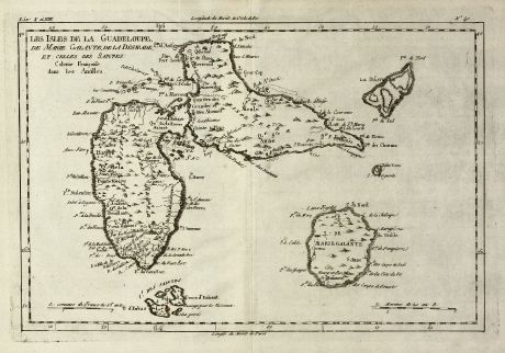 Antike Landkarten, Bonne, Mittelamerika - Karibik, Guadeloupe, 1779: Les Isles de la Guadeloupe, de Marie Galante, de la Desirade, et Celles des Saintes, Colonie Francoise dans les Antilles.