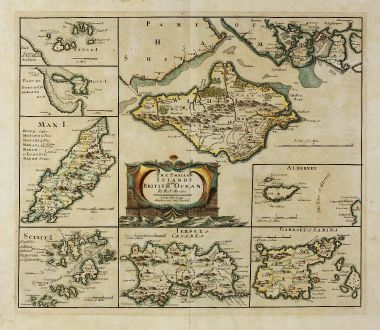 Antike Landkarten, Morden, Britische Inseln, Isle of Man, Jersey, Wight, Guernsey: The smaller Islands in the British Ocean. By Robt. Morden. Sold by Abel Swale Awnsham and John Churchill.