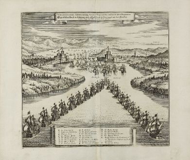 Antike Landkarten, Merian, Türkei, Konstantinopel, Bosporus, Marmarameer, 1646: Veradelineatio Ordinis Belliq Navalis Venetorum cum Turcis apud Dardaneli, Eigentlicher Abriß des Ordnung und Schiffstreits...