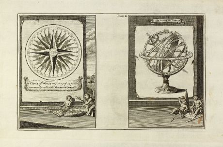 Antike Landkarten, Bowen, Windrose, Armillarsphäre, 1747: A Circle of Winds consisting of 32 points commonly called the Mariners Compass / Artificial Sphere