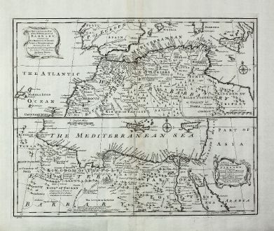 Antike Landkarten, Bowen, Mittelmeer, Nordafrika, 1747: A New and Accurate Map of the Western Part of Barbary... & A New and Accurate Map of the Eastern Part of Barbary...