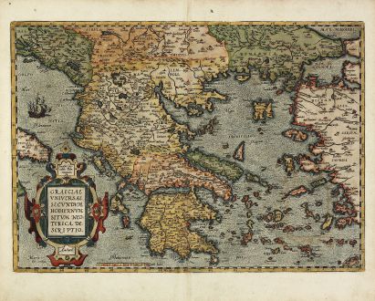 Antique Maps, Ortelius, Greece, Peloponnese, Aegean, Crete, Asia Minor: Graeciae Universae Secundum Hodiernum Situm Neoterica Descriptio