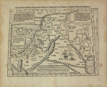 Antike Landkarten, Münster, Heiliges Land, Israel, Syrien, Palästina, Zypern: Cyria / Cypern / Palestina / Mesopotamia / Babylonia / Chaldea und zwey Arabia mit Bergen Wassern und Stetten