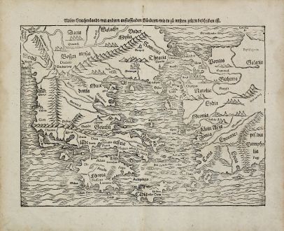 Antike Landkarten, Münster, Griechenland, 1574: Neuw Griechenlandt, mit andern anstossenden Landern, wie es zu unsern zeiten beschriben ist