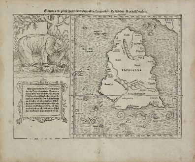 Antike Landkarten, Münster, Indien, Ceylon, Sri Lanka, Taprobana, 1540 (1574): Sumatra ein grosse Insel, so von den alten Geographen Taprobana, ist genent worden