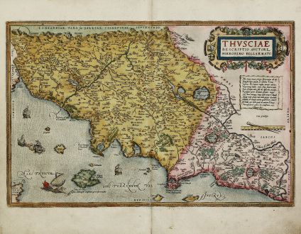 Antike Landkarten, Ortelius, Italien, Toskana, 1584: Thusciae Descriptio Auctore Hieronymo Bellarmato.