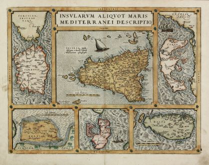 Antike Landkarten, Ortelius, Italien, Malta, Sardinien, Sizilien, Korfu, Djerba: Insularum Aliquot Maris Mediterranei Descriptio.