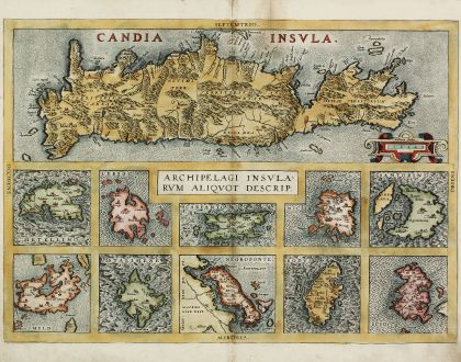 Antique Maps, Ortelius, Greece, Crete, Cyclades, Aegean Sea, 1584: Candia Insula / Archipelagi Insularum Aliquot Descrip.