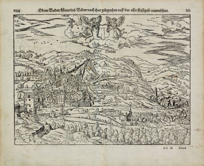 Antique Maps, Münster, Switzerland, Aargau, Baden, 1574: Obern Baden, Statt und Bäder, nach ihrer Gelegenheit auff das aller fleissigest contrafehtet.