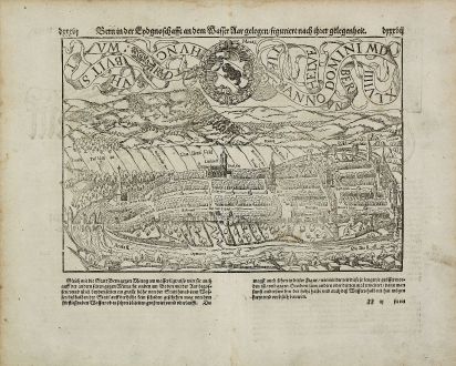 Antike Landkarten, Münster, Schweiz, Bern, 1574: Bern in der Eydgnoschafft an dem Wasser Aar gelegen, figuriert nach ihrer gelegenheit.