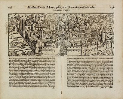 Antike Landkarten, Münster, Schweiz, Graubünden, Chur, 1574: Die Statt Chur im Schweizergebirg, in der Grauwenbündter Land, unten vom Rhein gelegen.