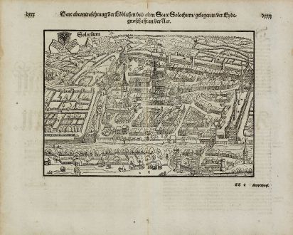 Antique Maps, Münster, Switzerland, Solothurn, 1574: Ware abcontrafhetung der loblichen und alten statt Solothurn, gelegen in der Eydtgnoschafft an der Aar.