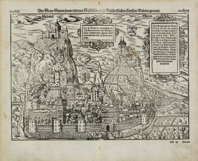 Antike Landkarten, Münster, Schweiz, Wallis, Sitten, Sion, 1574: Die Statt Sitten sampt zweyen Schloessern und Bischofflichen Kirchen, Valeria genannt.