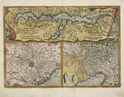 Antike Landkarten, Ortelius, Italien, Comer See, Rom, Udine, 1584: Larii Lacus vulgo Comensis Descriptio / Territorii Romani Descrip. / Fori Iulii vulgo Friuli Typus