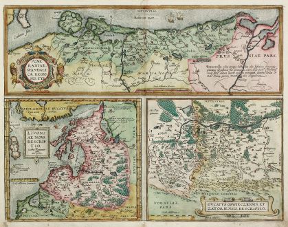 Antike Landkarten, Ortelius, Polen, Livland, Ostsee, Lettland, Pommern, Preussen: Pomeraniae, Wandalicae Regionis, Typ. / Livoniae Nova Descriptio / Ducatus Oswieczensis, et Zatoriensis, Descriptio