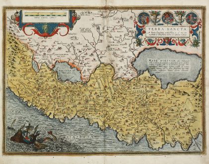 Antique Maps, Ortelius, Holy Land, Israel, Palestine, 1584: Terra Sancta, a Petro Laicstain Perlustrata, et ab eius Ore et Schedis a Christiano Schrot in Tabulam Redacta