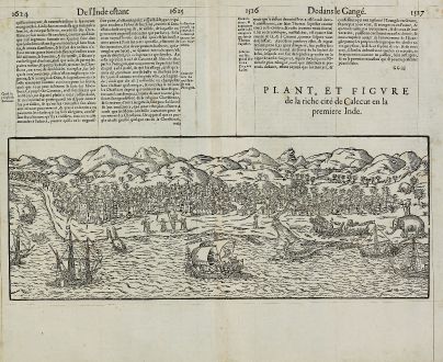 Antique Maps, de Belleforest, India, Calicut, Kozhikode, 1575: Plant, et Figure de la riche cité de Calecut en la premiere Inde.