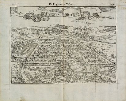 Antike Landkarten, de Belleforest, Südamerika, Peru, Cusco, Cuzco, 1575: Il Cuscho Citta Principale della Provincia del Peru