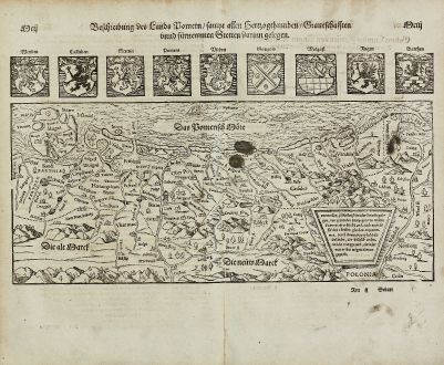 Antike Landkarten, Münster, Polen, Mecklenburg-Vorpommern, Rügen, 1574: Beschreibung des Lands Pomern, sampt allen Hertzogthumben, Graueschafften und fürnemmen Stetten darinn gelegen.