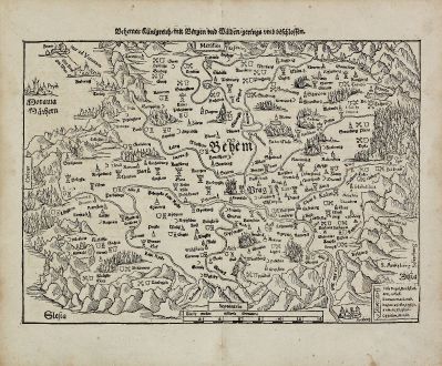 Antike Landkarten, Münster, Tschechien - Böhmen, 1574: Behemer Künigreich, mit Bergen und Waelden, gerings umb beschlossen