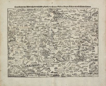 Antike Landkarten, Münster, Deutschland, Bayern, Franken, 1540 (1574): Franckenland am Main, beschriben nach aller gelegenheit in Stetten, Wassern, Bergen, Walden und anstossenden Landern