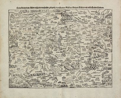 Antique Maps, Münster, Germany, Bavaria, Franconia, 1540 (1574): Franckenland am Main, beschriben nach aller gelegenheit in Stetten, Wassern, Bergen, Walden und anstossenden Landern
