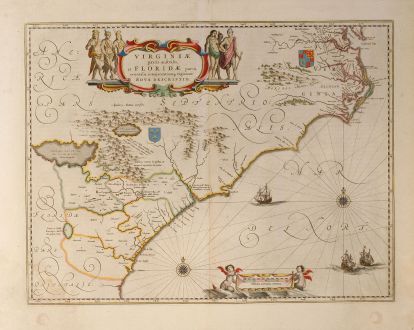 Antike Landkarten, Blaeu, Nordamerika, Virginia, 1643: Virginiae Partis australis, et Floridae Partis Orientalis, interjacentiumq, regionum Nova Descripti