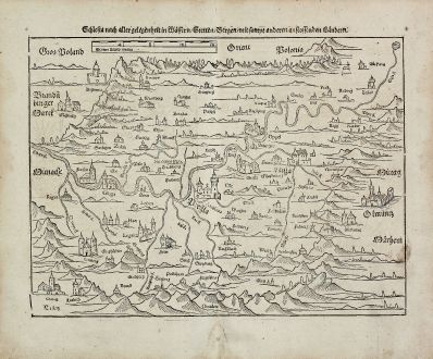 Antike Landkarten, Münster, Polen, Schlesien, 1574: Schlesia nach aller gelegenheit in Wassern, Stetten, Bergen, mit sampt andern anstossenden Ländern.