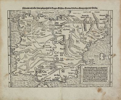 Antique Maps, Münster, Spain - Portugal, 1540 (1574): Hispania nach aller seiner gelegenheit, in Bergen, Wassern, Stetten, Volckern, Künigreichen und Inseln