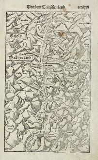 Antike Landkarten, Münster, Schweiz, Wallis, 1574: Valesia / Wallisserland