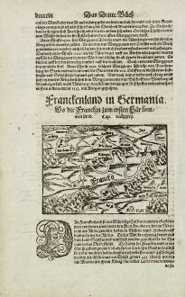 Antike Landkarten, Münster, Deutschland, Bayern, Franken, 1574: Franckenland in Germania. Wo die Francken zum ersten herkommen seind.