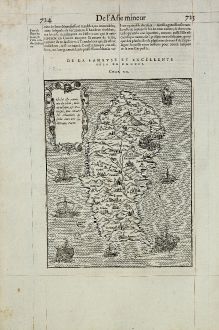 Antike Landkarten, de Belleforest, Griechenland, Rhodos, Rodos, 1575: Rhodus Isle renommee du Soleil, iadis republique, & Vatuersite, puis retraite des Chevaliers de Saint Iean ores suiette...