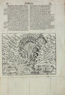 Antike Landkarten, de Belleforest, Balkan, Albanien, Vlora, 1575: La Valone, iadis Apollonie, cite d'Albanie, a presant occuppee par le Turc.