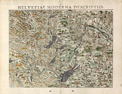 Antike Landkarten, Münster, Schweiz, 1550: Helvetiae moderna descriptio