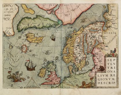 Antique Maps, Ortelius, Scandinavia, North Atlantic, North Pole, 1584: Septentrionalium Regionum Descrip.