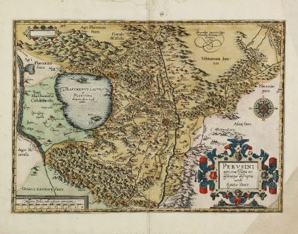 Antike Landkarten, Ortelius, Italien, Umbrien, Perugia, Lago Trasimeno, 1584: Perusini Agri, Exactissima Novissimaque Descriptio: Auctore Egnatio Dante