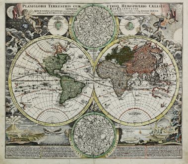 Antike Landkarten, Homann, Weltkarte, 1710: Planiglobii Terrestris cum utroq Hemisphaerio Caelesti Generalis Repraesentatio