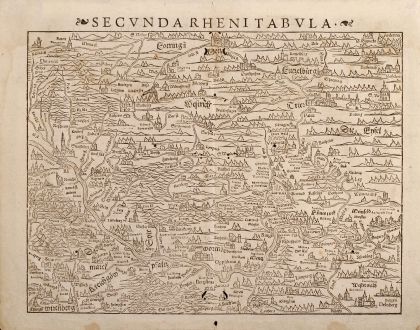 Antike Landkarten, Münster, Deutschland, Rhein, 1550: Secunda Rheni tabula