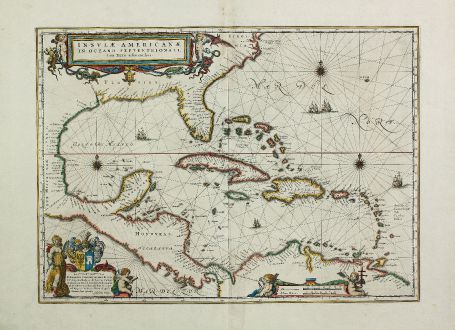 Antike Landkarten, Blaeu, Mittelamerika - Karibik, Karibik, Florida, 1635 (1662): Insulae Americanae in Oceano Septentrionali, cum Terris Adiacentibus