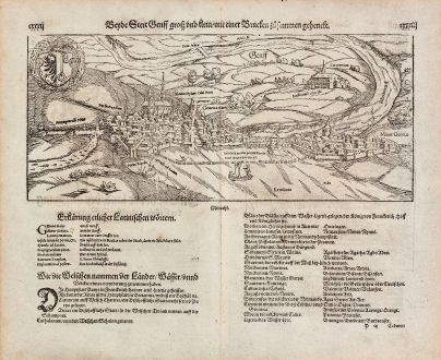 Antique Maps, Münster, Switzerland, Geneva (Geneve), 1574: Beyde Stett Genff, gross und klein, mit einer Brucken zusammen gehenckt.