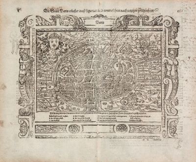 Antike Landkarten, Münster, Frankreich, Paris, 1574: Die Statt Paris etlicher mass figuriert und contrafehtet nach ietziger gelegenheit